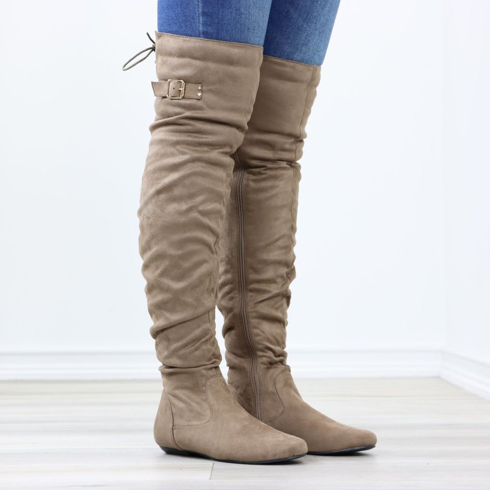 Taupe Thigh High Over The Knee Flat Boots Faux Suede Laced Back - Picture 3 of 15